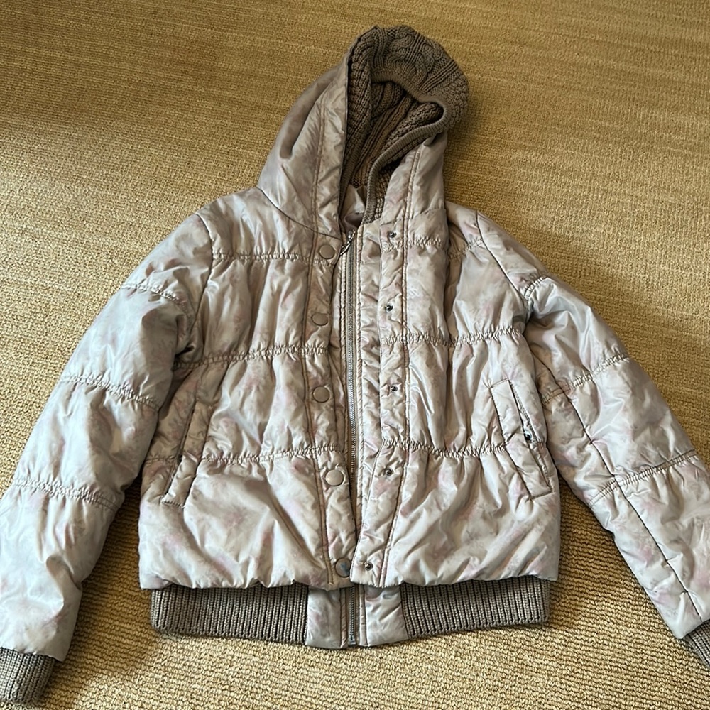 Beige and light pink floral puffer coat with crochet hood detailing